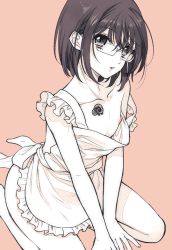 Rule 34 | 10s, 1boy, androgynous, apron, ayamiya fumi, bad id, bad pixiv id, beige background, between legs, black eyes, black hair, collarbone, crossdressing, expressionless, eyelashes, glasses, gowther, hand between legs, looking at viewer, male focus, naked apron, nanatsu no taizai, nipples, own hands together, short hair, simple background, solo, tattoo, trap, v arms