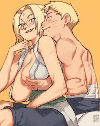 Rule 34 | 1boy, 1girl, 2022, ac120, bare shoulders, black shorts, blonde hair, blue eyes, blush, breasts, dated, facial mark, forehead mark, glasses, grabbing, grabbing another&#039;s breast, highres, large breasts, looking at another, mature female, naruto (series), naruto shippuuden, orange hair, parted lips, round eyewear, short hair, shorts, simple background, sleeveless, smile, teeth, thighs, topless male, tsunade (naruto), upper body, uzumaki naruto, whisker markings