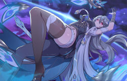 1girl absurdres black_bodysuit black_gloves black_thighhighs bodysuit breasts floating gloves grey_hair hair_ornament half_gloves highres honkai_(series) honkai_impact_3rd large_breasts long_hair phantom_racher planet purple_eyes single_leg_bodysuit solo space thighhighs thighs very_long_hair vita_(honkai_impact) vita_(lone_planetfarer)_(honkai_impact)