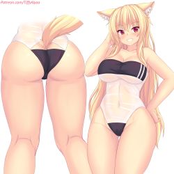 Rule 34 | 1girl, animal ears, ass, bare arms, bare legs, bare shoulders, blonde hair, blush, breasts, cat ears, cat girl, cat tail, cleavage, clothing cutout, collarbone, commentary, covered navel, cowboy shot, english commentary, gris swimsuit, highres, large breasts, long hair, looking at viewer, meme attire, nottytiffy, one-piece swimsuit, original, patreon username, red eyes, smile, solo, swimsuit, tail, tail through clothes, teeth, thighs, tiffy (nottytiffy), trefoil, white background