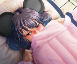Rule 34 | 1girl, 7/11 (fukuso), animal ears, blanket, blush, embarrassed, female focus, grey hair, indoors, lying, mouse ears, nazrin, pillow, red eyes, solo, touhou, under covers