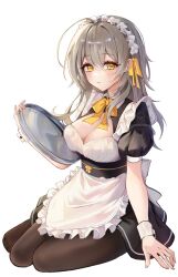 1girl alternate_costume apron black_dress bow bowtie breasts brown_pantyhose cleavage closed_mouth dress enmaided grey_hair hair_between_eyes hair_ribbon highres holding holding_tray honkai:_star_rail honkai_(series) jinya long_hair looking_at_viewer maid maid_apron maid_headdress pantyhose ribbon short_sleeves simple_background solo stelle_(honkai:_star_rail) trailblazer_(honkai:_star_rail) tray white_apron white_background white_wrist_cuffs wrist_cuffs yellow_bow yellow_bowtie yellow_eyes yellow_ribbon