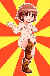 Rule 34 | 1girl, boots, brown hair, covering privates, covering breasts, highres, jinnouchi akira, kill me baby, nude, oribe yasuna, red eyes, short hair, solo, standing, standing on one leg