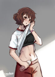 1girl black_bra bra brown_eyes brown_hair clothes_lift head_tilt hibike!_euphonium highres lifting_own_clothes looking_at_viewer navel oumae_kumiko pants red_pants shirt shirt_lift sketch smodzz998 solo sportswear stomach sweat underwear white_shirt