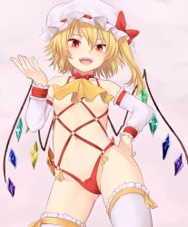 Rule 34 | 1girl, :d, alternate costume, ascot, bare shoulders, blonde hair, blush, breasts, cameltoe, choker, collarbone, commentary request, cowboy shot, crystal, detached sleeves, fangs, flandre scarlet, frilled sleeves, frilled thighhighs, frills, gluteal fold, groin, hair between eyes, hand on own hip, hand up, hat, highleg, highleg leotard, highres, leg ribbon, leotard, looking at viewer, miyo (ranthath), mob cap, navel, o-ring, o-ring leotard, one side up, open mouth, pink background, red choker, red eyes, red leotard, revealing clothes, ribbon, short hair, simple background, small breasts, smile, solo, standing, stomach, thigh ribbon, thighhighs, thighs, touhou, white hat, white thighhighs, wings, wrestling outfit, wrist cuffs, yellow ascot, yellow ribbon
