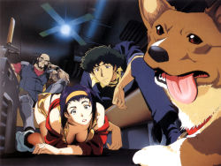 Rule 34 | 1990s (style), 1girl, 2boys, ass, beard, breasts, butt crack, cleavage, cowboy bebop, dog, downblouse, ein (cowboy bebop), facial hair, faye valentine, hairband, jet black, large breasts, multiple boys, purple hair, spike spiegel, thighhighs, underwear, welsh corgi, whale tail (clothing)