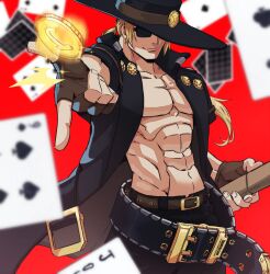 Rule 34 | 1boy, abs, belt, blonde hair, coin, feet out of frame, fighting stance, fingerless gloves, gloves, gold coin, guilty gear, guilty gear strive, hat, highres, incoming attack, johnny (guilty gear), large belt, light smile, long hair, male focus, muscular, muscular male, navel, outstretched arm, pectoral cleavage, pectorals, playing card theme, ready to draw, solo, sparkle, sunglasses, v-taper, yakutzan