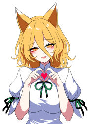 Rule 34 | 1girl, absurdres, animal ears, blonde hair, blush, cel shading, commentary request, eyes visible through hair, fingernails, fox ears, fox girl, green ribbon, hair between eyes, half-closed eyes, hands up, head tilt, heart, heart hands, highres, kudamaki tsukasa, long bangs, looking at viewer, medium hair, neck ribbon, open mouth, own hands together, puffy short sleeves, puffy sleeves, ribbon, romper, short sleeves, simple background, sleeve garter, smile, solo, ssaf52913778, touhou, upper body, white background, white romper, yellow eyes