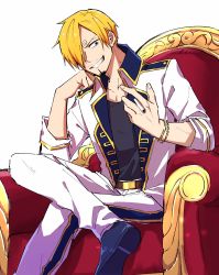 Rule 34 | 1boy, between fingers, blonde hair, cigarette, commentary request, facial hair, hair over one eye, highres, holding, male focus, one piece, sanji (one piece), short hair, simple background, smile, sorase (srsrs 000), teeth
