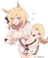 Rule 34 | 1girl, animal ear fluff, animal ears, areola slip, arknights, black ribbon, blonde hair, blue eyes, blush, breasts, cleavage, clothes pull, commentary request, highres, horse ears, horse girl, horse tail, kyou 039, large breasts, leaning forward, long hair, looking at viewer, navel, open mouth, ribbon, shorts, shorts pull, solo, tail, twitter username, whislash (arknights), white background