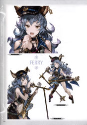 Rule 34 | 10s, 1girl, absurdres, animal ears, bare shoulders, boots, coat, collar, collarbone, dress, earrings, erune, ferry (granblue fantasy), fishnet thighhighs, fishnets, from behind, full body, granblue fantasy, guitar, hat, highres, holding, instrument, jewelry, long hair, looking at viewer, microphone, midriff, minaba hideo, miniskirt, multiple views, non-web source, official art, scan, simple background, single thighhigh, skirt, smile, sora no michishirube, thighhighs