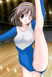 Rule 34 | 1girl, brown hair, fat mons, gymnastics, hairband, imasaka yue, leg up, leotard, memories off, one eye closed, red eyes, short hair, solo, source request, third-party edit, wink