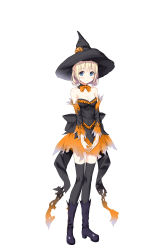 Rule 34 | 1girl, absurdres, black footwear, black hat, black thighhighs, blonde hair, blue eyes, blush, bow, breasts, choker, cleavage, collarbone, cura, detached sleeves, full body, halloween costume, hat, highres, hinai paulette, looking at viewer, maitetsu, miniskirt, orange bow, orange skirt, pumpkin, short hair, simple background, skirt, small breasts, smile, solo, standing, strapless, swing clothes, thighhighs, white background, witch hat