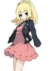 Rule 34 | 1girl, black jacket, blonde hair, closed mouth, commentary, cosplay, creatures (company), dress, game freak, green eyes, highres, jacket, lillie (pokemon), long hair, long sleeves, looking at viewer, marnie (pokemon), marnie (pokemon) (cosplay), melon syrup, nintendo, pink dress, pokemon, pokemon sm, pokemon swsh, ponytail, simple background, smile, solo, white background