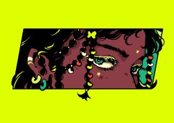 Rule 34 | 1girl, black hair, border, close-up, dark-skinned female, dark skin, earrings, green background, green eyes, highres, jewelry, looking at viewer, minillustration, original, second-party source, solo, star (symbol), yellow border, yellow eyeliner