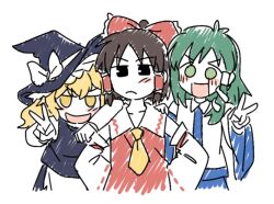 Rule 34 | 3girls, apron, arm on another&#039;s shoulder, ascot, blonde hair, blush, bow, closed mouth, detached sleeves, frilled bow, frilled hair tubes, frills, green eyes, green hair, hair bow, hair ornament, hair tubes, hakurei reimu, hand on another&#039;s shoulder, hands on own hips, hat, hat bow, kirisame marisa, kochiya sanae, long hair, looking at viewer, multiple girls, open mouth, re ghotion, red bow, short hair, simple background, single hair tube, smile, snake hair ornament, touhou, v, waist apron, white background, white bow, witch hat, yellow ascot, yellow eyes