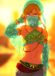 Rule 34 | 1boy, arabian clothes, blonde hair, blue eyes, circlet, collarbone, commentary request, crossdressing, gerudo set (zelda), groin, hand up, harem pants, highres, jewelry, link, looking at viewer, male focus, meipu hm, midriff, mouth veil, navel, nintendo, official alternate costume, pants, standing, the legend of zelda, the legend of zelda: breath of the wild, trap, veil