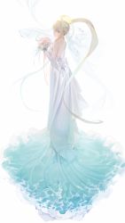 Rule 34 | 1girl, backless dress, backless outfit, blonde hair, bouquet, bridal veil, bride, dress, flower, from side, full body, highres, long hair, mermaid melody pichi pichi pitch, nanami lucia, ohisashiburi, simple background, solo, tiara, veil, very long hair, wedding, wedding dress, white background