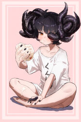 Rule 34 | 1girl, absurdres, ahoge, barefoot, black hair, black nails, blush, chewing, collarbone, commentary request, cream, demon horns, dripping, ekrea jan, elden ring, flat chest, food, food on body, food on face, food on legs, fruit, genderswap, genderswap (mtf), highres, horns, looking at viewer, mohg lord of blood, shadow, shirt, short hair, simple background, single bare shoulder, sitting, solo, strawberry, translation request, white shirt, wide sleeves, yellow eyes