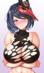 Rule 34 | 1girl, absurdres, black bodysuit, black hair, blue eyes, bodysuit, breast hold, breasts, covered erect nipples, crossed arms, frown, genshin impact, highres, kujou sara, large breasts, looking at viewer, mask, nez-box, nipple slip, nipples, short hair, tengu mask, tongue, tongue out, torn bodysuit, torn clothes, upper body, yellow eyes
