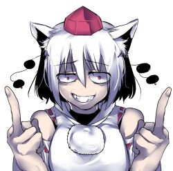 Rule 34 | 1girl, aaaa (aaaa480), animal ear fluff, animal ears, bags under eyes, breasts, commentary request, constricted pupils, cookie (touhou), detached sleeves, double middle finger, fingernails, grin, hair between eyes, hat, inubashiri momiji, kuso inu (cookie), long bangs, looking at viewer, medium breasts, middle finger, pom pom (clothes), red eyes, red hat, ribbon-trimmed sleeves, ribbon trim, shirt, short hair, simple background, sleeveless, sleeveless shirt, smile, solo, tokin hat, touhou, transparent background, upper body, white hair, white shirt, wolf ears, wolf girl