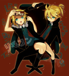 Rule 34 | 1boy, 1girl, aqua eyes, blonde hair, boots, brother and sister, casual, chair, controller, famicom, formal, frown, fur collar, game console, green eyes, headphones, headset, hiyo kiki, jacket, kagamine len, kagamine rin, looking up, necktie, nes, nintendo, open mouth, ponytail, remocon (vocaloid), remote control, remote control (vocaloid), short hair, shorts, siblings, sitting, symbol-shaped pupils, twins, vest, video game, vocaloid