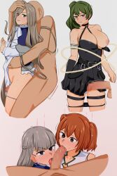 Rule 34 | 1boy, 4girls, blush, breasts, brown hair, censored, clothed female nude male, clothed sex, clothing aside, fellatio, grabbing another&#039;s hair, gradient background, grey hair, huge penis, imminent penetration, kanne (sousou no frieren), lawine (sousou no frieren), licking, licking penis, long hair, looking at viewer, medium breasts, mosaic censoring, multiple girls, nude, oral, orange hair, panties, panties aside, penis, pov, sense (sousou no frieren), sex, sex from behind, simple background, sousou no frieren, speech bubble, tongue, tongue out, ubel (sousou no frieren), underwear