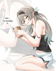 Rule 34 | 1girl, absurdres, alternate costume, armpits, bare arms, black hairband, black shirt, blush, breasts, cleavage, closed eyes, cup, disposable cup, firefly (honkai: star rail), grey hair, hairband, highres, holding, holding cup, honkai: star rail, honkai (series), long hair, maxwelzy, open mouth, shirt, shorts, simple background, sitting, sleeveless, sleeveless shirt, solo, wariza, white background, white shorts, zoom layer