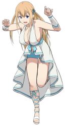 Rule 34 | 10s, 1girl, amagi brilliant park, bare shoulders, blonde hair, blue eyes, blush, breasts, cameltoe, cleavage, female focus, full body, hair ribbon, happy, large breasts, long hair, looking at viewer, noragami sota, open mouth, ribbon, sandals, shorts, solo, standing, sylphy (amaburi), twintails