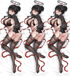 Rule 34 | 1girl, alternate costume, alternate hairstyle, ass, bed sheet, black bra, black hair, black shirt, black thighhighs, blue archive, blush, bra, breasts, censored, feet, hair bun, hair ornament, hairpin, halo, heart, heart censor, highres, large breasts, long hair, long sleeves, multiple views, nipples, open mouth, pussy, red eyes, rio (blue archive), shirt, single hair bun, thighhighs, tongue, tongue out, twisted torso, underwear, yaomiaomiao