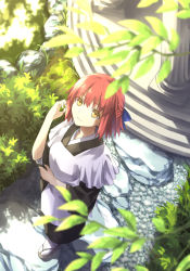 Rule 34 | 1girl, apron, black kimono, blurry, bow, chiizu ore, cobblestone, day, depth of field, frilled apron, frills, from above, garden, hair bow, hand up, highres, japanese clothes, kimono, kohaku (tsukihime), leaf, light smile, looking at viewer, looking up, maid, okobo, outdoors, pink hair, sandals, short hair, solo, sunlight, tabi, tsukihime, wa maid, wide sleeves, yellow eyes