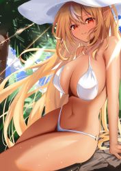 Rule 34 | 1girl, absurdres, bikini, blonde hair, blue sky, blush, breasts, cloud, dark-skinned female, dark skin, day, hat, highres, hololive, huge breasts, long hair, looking at viewer, outdoors, palm tree, pointy ears, red eyes, shiranui flare, sitting, sky, smile, solo, sunlight, swimsuit, thighs, tree, very long hair, virtual youtuber, white hat, zorome apu