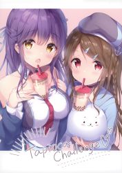 Rule 34 | 2girls, absurdres, amedamacon, anchor, azur lane, bare shoulders, beret, blue jacket, blush, braid, breasts, brown eyes, brown hair, bubble tea, bubble tea challenge, choker, collarbone, crop top, cropped jacket, cup, detached collar, disposable cup, drinking straw, hair ornament, hair ribbon, hairclip, half updo, hands up, hat, highres, holding, huge filesize, jacket, kimberly (azur lane), large breasts, long hair, long sleeves, looking at viewer, mullany (azur lane), multiple girls, necktie, object on breast, off shoulder, open clothes, open jacket, open mouth, purple hair, red eyes, red neckwear, ribbon, scan, side-by-side, sidelocks, stuffed animal, stuffed toy, sweat, upper body