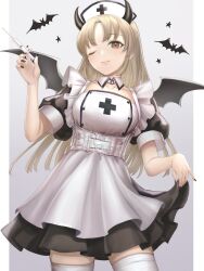 Rule 34 | 1girl, alternate costume, apron, bat (animal), bat wings, black dress, black horns, black nails, blonde hair, buttons, collarbone, demon horns, demon wings, detached collar, dress, frills, gradient background, grey background, hand up, hat, highres, holding, holding syringe, horns, long hair, looking at viewer, nijisanji, nurse, nurse cap, one eye closed, oyu (b 47p), puffy short sleeves, puffy sleeves, short sleeves, sister claire, smile, solo, syringe, thighhighs, two-tone dress, underbust, virtual youtuber, white apron, white thighhighs, wings, yellow eyes, zettai ryouiki
