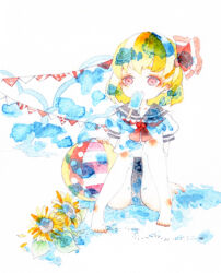 Rule 34 | 1girl, arm support, ball, barefoot, beachball, blonde hair, blue sailor collar, flower, full body, looking at viewer, medium hair, mouth hold, puffy short sleeves, puffy sleeves, red eyes, rumia, sailor collar, sailor shirt, shirt, short sleeves, simple background, sitting, solo, string of flags, tamako (egg24k), touhou, white background, white shirt, yellow flower