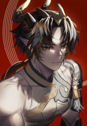 Rule 34 | 1boy, arknights, armor, bare shoulders, black hair, chong yue (arknights), closed mouth, dragon horns, earrings, highres, horns, jewelry, kikan (kikanoe), long hair, looking at viewer, low ponytail, male focus, parted bangs, pointy ears, red background, red eyes, shoulder armor, simple background, smile, solo, upper body, v-shaped eyebrows