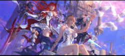 Rule 34 | 2girls, armored boots, bare shoulders, bird, blonde hair, blue eyes, blue sky, boots, breasts, character request, closed mouth, cloud, dove, dress, elbow gloves, europa (granblue fantasy), flower, from below, gloves, godsworn alexiel, granblue fantasy, grimnir (granblue fantasy), hair flower, hair ornament, highres, holding, holding weapon, large breasts, long hair, multiple girls, open mouth, outstretched hand, red hair, shiva (granblue fantasy), short hair, silver hair, sitting, sky, swd3e2, thighs, weapon, white dress, white gloves