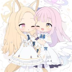 Rule 34 | 2girls, animal ear fluff, animal ears, blonde hair, blue archive, blush, capelet, dress, feathered wings, fox ears, fox tail, halo, highres, long hair, long sleeves, mika (blue archive), multiple girls, one eye closed, open mouth, pantyhose, parted lips, pink hair, pink halo, poco (zdrq3), seia (blue archive), simple background, smile, tail, white background, white capelet, white dress, white pantyhose, white wings, wings, yellow eyes, yellow halo