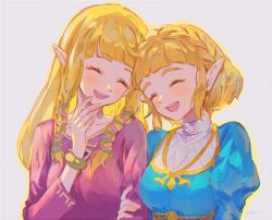Rule 34 | blonde hair, blue shirt, blunt bangs, braid, breasts, closed eyes, commentary, crown braid, dual persona, grey background, hand up, in-franchise crossover, laughing, locked arms, long hair, nintendo, official alternate hairstyle, open mouth, pink shirt, pointy ears, princess zelda, rain rkgk, shirt, short hair, sidelocks, signature, smile, symbol-only commentary, the legend of zelda, the legend of zelda: breath of the wild, the legend of zelda: skyward sword
