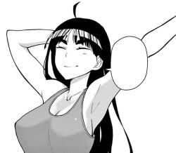 Rule 34 | 1girl, armpits, arms up, breasts, cleavage, collarbone, ebino mei, hatsukoi zombie, large breasts, long hair, monochrome, official art, shirt, sleeveless, sleeveless shirt, thick eyebrows