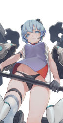 Rule 34 | 1girl, alice gear aegis, armband, atk7, bad id, bad pixiv id, black gloves, blue eyes, blue hair, closed mouth, gloves, half gloves, headgear, highres, holding, looking at viewer, looking down, mecha musume, short hair, simple background, solo, thigh strap, white background