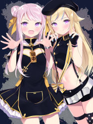 Rule 34 | 2girls, :d, alternate color, bad id, bad pixiv id, bare arms, bare shoulders, belt, beret, black background, black dress, black gloves, black headwear, black shirt, black shorts, blonde hair, blue nails, bracelet, breasts, buttons, closed mouth, cowboy shot, crop top, double-breasted, double bun, dress, fangs, fingerless gloves, gloves, gold trim, hair bun, hair flaps, hair ribbon, hands up, hat, highres, himehina channel, jewelry, lolita fashion, long hair, looking at viewer, midriff, multiple girls, nail polish, navel, open mouth, pink hair, pleated dress, purple eyes, qi lolita, ribbon, sasahara wakaba, shirt, short shorts, short sleeves, shorts, sleeveless, sleeveless shirt, small breasts, smile, standing, stomach, suspenders, suzuki hina, tanaka hime, thigh strap, thighs, virtual youtuber, wristband, yellow ribbon