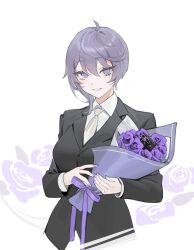 Rule 34 | 1girl, alternate costume, azur lane, bellona (azur lane), black suit, bouquet, breasts, business suit, collared shirt, flower, formal, grey eyes, grey hair, hair between eyes, highres, holding, holding bouquet, jacket, large breasts, long sleeves, looking at viewer, necktie, ohisashiburi, parted lips, shirt, short hair, sidelocks, simple background, smile, solo, suit, suit jacket, upper body, white background, white necktie, white shirt