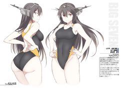 Rule 34 | 1girl, ass, black hair, black one-piece swimsuit, breasts, character name, collarbone, competition swimsuit, covered navel, hands on own hips, headgear, kantai collection, long hair, looking at viewer, medium breasts, multiple views, nagato (kancolle), one-piece swimsuit, red eyes, shigino sohuzi, simple background, standing, swimsuit, white background