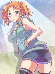 Rule 34 | 1girl, ass, bare shoulders, bent over, black thighhighs, blue eyes, denim, e20, hand in pocket, hood, hoodie, looking back, nakano minori, open mouth, orange hair, original, short hair, short shorts, short twintails, shorts, sleeveless, solo, sweater, thighhighs, twintails