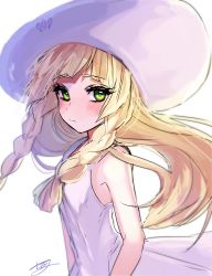 Rule 34 | 1girl, absurdres, bare arms, blonde hair, blunt bangs, blush, braid, closed mouth, collared dress, creatures (company), dress, eyebrows, game freak, green eyes, hat, highres, lgw7, lillie (pokemon), long hair, looking away, looking to the side, nintendo, pokemon, pokemon sm, signature, sleeveless, sleeveless dress, solo, sun hat, sundress, twin braids, upper body, white dress, white hat