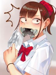 Rule 34 | 1girl, android, bow, bracelet, brown eyes, brown hair, collared shirt, damaged, hair ornament, hair scrunchie, hairclip, highres, jewelry, mask, mecha-jk, mechanical parts, medium hair, meikaa, mouth mask, no mouth, original, ponytail, school uniform, scrunchie, shirt, simple background, solo, surgical mask, upper body, white shirt