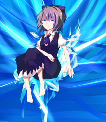 Rule 34 | 1girl, bad id, bad pixiv id, barefoot, blue eyes, blue hair, cirno, dress, female focus, flimflam, highres, ice, matching hair/eyes, ribbon, short hair, smile, solo, embodiment of scarlet devil, touhou, wings