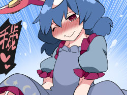 Rule 34 | 1girl, animal ears, bad id, bad pixiv id, blue dress, blue hair, blush, rabbit ears, dress, emphasis lines, hammer (sunset beach), heart, implied sex, medium hair, nose blush, one eye closed, puffy short sleeves, puffy sleeves, red eyes, seiran (touhou), short sleeves, solo, spoken heart, touhou, translation request, wavy mouth, wince