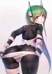 Rule 34 | 1girl, ass, bent over, black gloves, black thighhighs, bodysuit, clenched teeth, elbow gloves, fingerless gloves, gloves, green hair, headgear, highres, long hair, looking at viewer, looking back, menou kaname (taishi), open mouth, original, panties, panties over bodysuit, panty pull, purple eyes, simple background, skin tight, skindentation, solo, standing, taishi (picchiridou), teeth, thighhighs, underwear, undressing, very long hair, white background, white panties